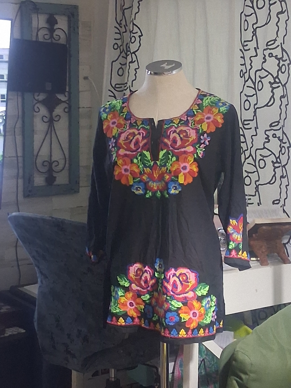 Durga Black Tunic with Multicolor Floral Embroidery M